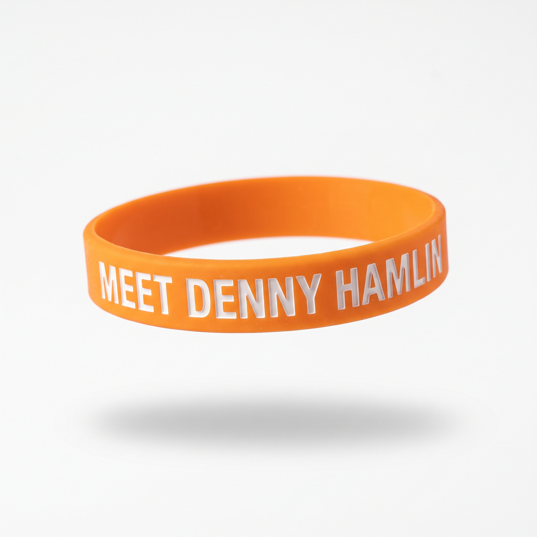 Orange silicone wristband reading MEET DENNY HAMLIN